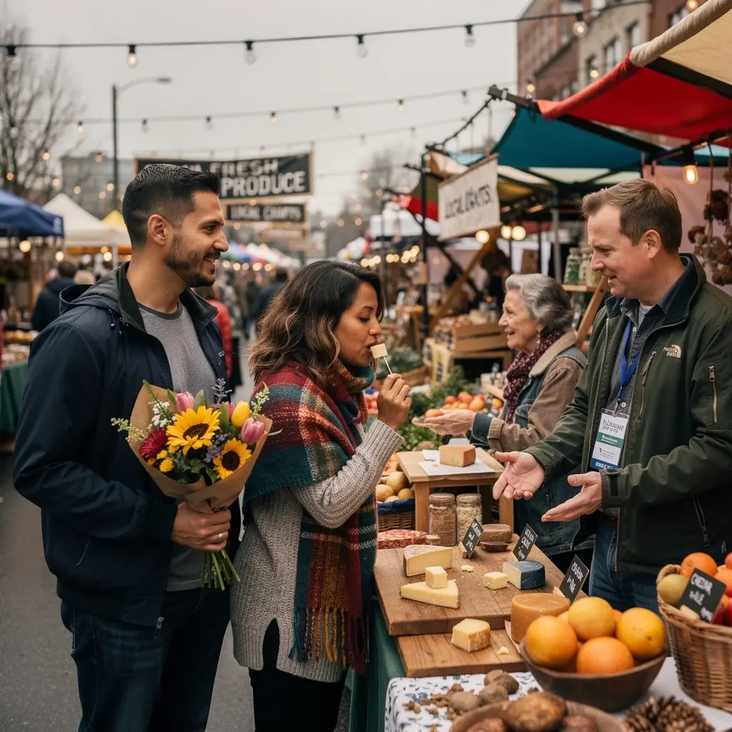 Grupa turystów odkrywających lokalne rynki w Nowym Jorku, pełna kolorów i zapachów.